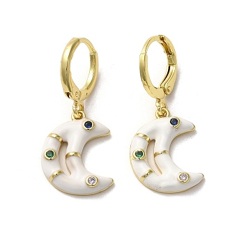 Crescent Moon Real 18K Gold Plated Brass Dangle Leverback Earrings, with Enamel and Cubic Zirconia, White, 29.5x13mm