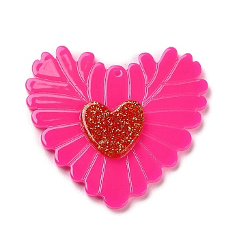 Opaque Acrylic Pendants, Heart, Deep Pink, 37x39.5x4.5mm, Hole: 1.5mm