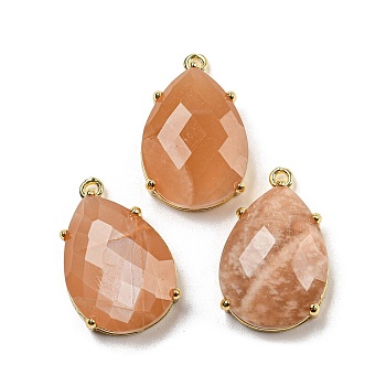 Natural Sunstone Pendants, Rack Plating Brass Faceted Teardrop Charms, Golden, 24~24.5x16~16.5x7mm, Hole: 1.5mm