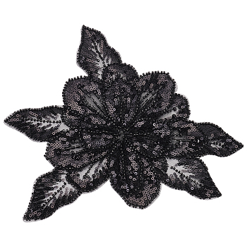 US 1Pc 3D Flower Lace Appliques, Glass Seed Beaded Gauze Embroidery Ornament Accessories, for Backpacks, Clothes, Black, 215x220x4mm