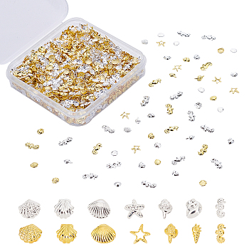 Ocean Themed Alloy Cabochons, Nail Art Decoration Accessories for Women, Mixed Shapes, Golden & Silver, 2380pcs/box