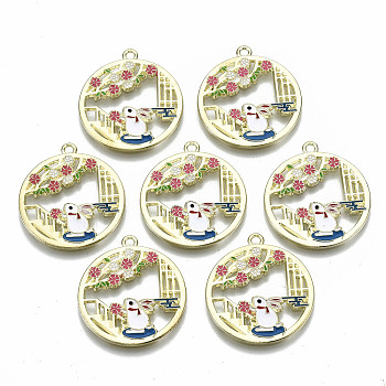 Chinese Style Alloy Pendants, with Enamel, Flat Round with Rabbit, Cadmium Free & Lead Free, Colorful, Light Gold, 30x27x1.5mm, Hole: 1.8mm