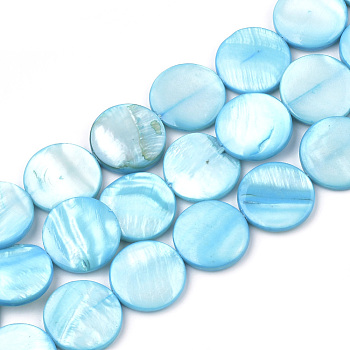 Freshwater Shell Beads, Dyed, Flat Round, Dodger Blue, 15x2.5~4mm, Hole: 0.7mm, about 26pcs/strand, 14.9 inch