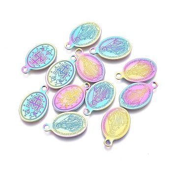 Ion Plating(IP) 304 Stainless Steel Charms, Laser Cut, Oval with Virgin Mary, Rainbow Color, 14.5x9x0.6mm, Hole: 1.4mm