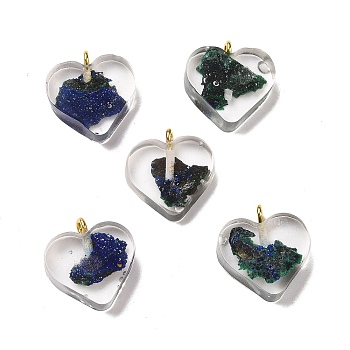 Transparent Resin Natural Chalcopyrite Dyed Chips Pendants, with Golden Tone Brass Loops, Heart Charm, Dark Slate Blue, 16.5x15.5x6~6.5mm, Hole: 2mm