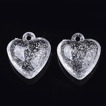 Transparent Acrylic Pendants, with Glitter Powder, Heart , Clear, 22x20x10mm, Hole: 2mm, about 236pcs/500g(TACR-Q264-25)