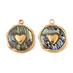 304 Stainless Steel Pave Natural Paua Shell Pendants, Flat Round Charms, Real 18K Gold Plated, Heart, 15.5~16x12.5~13.5x2.5mm, Hole: 1.5mm(X-STAS-F319-02B-G01)