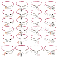 24Pcs 4 Style Alloy Enamel & Acrylic Heart Charm Bracelets Set with PU Leather Cords, October Breast Cancer Pink Awareness Ribbon & Word Hope, Pink, 7-1/2 inch(19cm), 6Pcs/style(BJEW-AB00014)