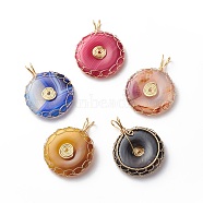 Natural Striped Agate/Banded Agate Pendants, Dyed, with Eco-Friendly Copper Wire Wrapped, Donut/Pi Disc Charm, Mixed Color, Real 18K Gold Plated, 40.5x30x6mm, Hole: 4x7.5mm(PALLOY-JF01820-01)