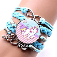 Imitation Leather Woven Multi-strand Bracelets, Flat Round with Unicorn, Cyan, 6-1/4~7-1/8 inch(16~18cm)(WG5997F-09)