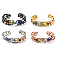 Natural Mixed Gemstone Round Beaded Open Cuff Bangle, Rack Plating Brass Wire Wrap Bangle, Lead Free & Cadmium Free, Mixed Color, Inner Diameter: 1-7/8x2-1/4 inch(4.8x5.7cm)(BJEW-F459-01M)