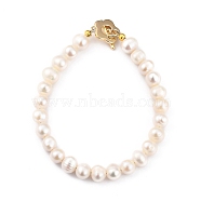 Natural Cultured Freshwater Pearl Beaded Bracelets, with Flower Brass Toggle Clasps, Golden, Floral White, 7-5/8 inch(19.5cm)(BJEW-JB05434-02)