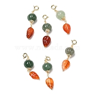 Natural Green Aventurine & Natural Agate Pendant Decorations, with Brass Spring Ring Clasps, Pumpkin & Leaf, Real 14K Gold Plated, 39~40mm(G-G008-09G)