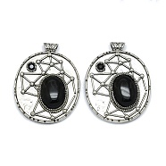 Natural Obsidian Oval Pendants, Rack Plating Antique Silver Plated Brass Pave Rhinestone Oval Charms, Cadmium Free & Lead Free, 45x35x8mm, Hole: 3.5mm(G-Q165-03AS-03)