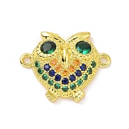 Real 18K Gold Plated Brass Pave Cubic Zirconia Connector Charms, Owl Links, Colorful, 13x16x3.5mm, Hole: 1.1mm(KK-L209-054G-01)