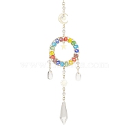 Glass Teardrop/Cone Pendant Decoration, with Brass Sun/Moon Link and Glass Beaded Round Ring, for Home Decoration, Colorful, 309mm(HJEW-TA00036)