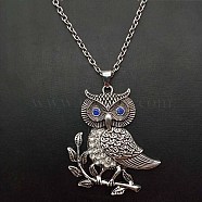 Alloy Capri Blue Rhinestone Cute Owl Pendant Necklaces for Women, Platinum(ZP2296-2)