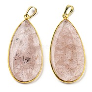Natural Strawberry Quartz Pendants, Teardrop Charms with Rack Plating Golden Tone Brass Findings, 42.5x21x4.5~5mm, Hole: 7x4mm(G-Q1002-03G-04)