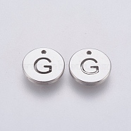 304 Stainless Steel Charms,  Flat Round with Letter, Stainless Steel Color, Letter.G, 10x1mm, Hole: 1mm(STAS-P212-15P-07)