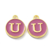 Golden Plated Alloy Enamel Charms, Cadmium Free & Lead Free, Enamelled Sequins, Flamingo, Flat Round with Letter, Letter.U, 14x12x2mm, Hole: 1.4mm(ENAM-XCP0001-13U)
