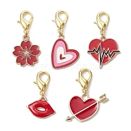 Valentine's Day Theme Alloy Enamel Pendant Decoration, with Alloy Lobster Claw Clasps, Heart/Lip/Flower, Golden, 30~39mm(HJEW-JM01409)