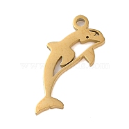 304 Stainless Steel Charms, Laser Cut, Dolphin Charm, Real 18K Gold Plated, 16.5x7x1mm, Hole: 1.2mm(STAS-S138-01G-04)