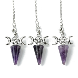 Natural Amethyst Cone Dowsing Pendulum Big Pendants, with Triple Moon Rack Plating Platinum Plated Brass Findings, Cadmium Free & Lead Free, 220~230mm, Hole: 1.5~2mm(G-C114-01P-17)