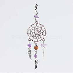 Alloy Pendants, Woven Net/Web with Feather, with Amethyst Beads and Brass Lobster Claw Clasps, Antique Silver and Platinum, 85.5mm(HJEW-JM00248-04)
