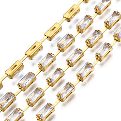 Rectangle Cubic Zirconia Strass Chains, Gold Plated Brass Link Chains, Soldered, with Spool, Clear, 2.5mm, about 16.40 Feet(5m)/Roll(CHC-N020-06)