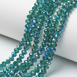 Electroplate Glass Beads Strands, Half Plated, Blue Plated, Faceted, Rondelle, Dark Cyan, 3x2mm, Hole: 0.8mm, about 150~155pcs/strand, 15~16 inch(38~40cm)(EGLA-A034-T2mm-I15)