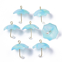 Acrylic Pendants, with Golden Plated Brass Loops and ABS Plastic Imitation Pearl, Umbrella, Sky Blue, 20~21x20x20mm, Hole: 1.6mm(KY-S163-093A-03)