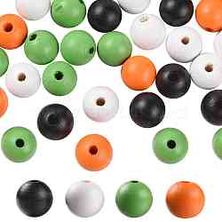 160 Pcs 4 Colors Halloween Painted Natural Wood Beads, Round, with Waterproof Vacuum Packing, Dark Orange & Black & Green & White, 16mm, Hole: 4mm, 40pcs/color(WOOD-LS0001-01P)