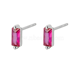 Cubic Zirconia Rectangle Stud Earrings, Silver 925 Sterling Silver Post Earrings, with 925 Stamp, Fuchsia, 7.8x3mm(FU7889-3)