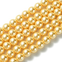 Eco-Friendly Glass Pearl Beads Strands, Grade A, Round, Dyed, Cotton Cord Threaded, Yellow, 8mm, Hole: 1.2~1.5mm, about 52pcs/strand, 15.7 inch(HY-A008-8mm-RB072)