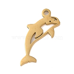 304 Stainless Steel Charms, Laser Cut, Dolphin Charm, Real 18K Gold Plated, 16.5x7x1mm, Hole: 1.2mm(STAS-S138-01G-04)