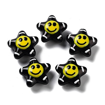 Handmade Lampwork Bead, with Enamel, Star with Smiling Face, Black, 20~20.5x21~21.5x10.5~11mm, Hole: 1.6mm