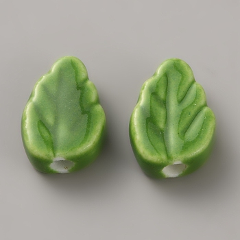 Handmade Porcelain Beads, Leaf, Green, 13x9x5mm, Hole: 2mm