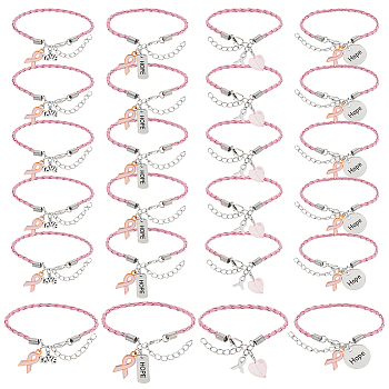 24Pcs 4 Style Alloy Enamel & Acrylic Heart Charm Bracelets Set with PU Leather Cords, October Breast Cancer Pink Awareness Ribbon & Word Hope, Pink, 7-1/2 inch(19cm), 6Pcs/style