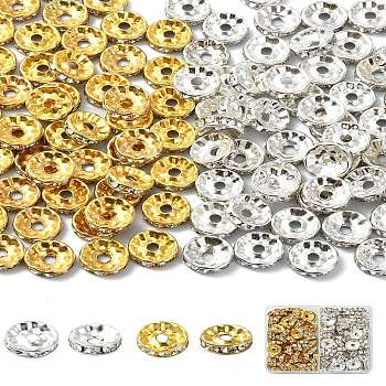 120Pcs 2 Colors Alloy Rhinestone Spacer Beads, Flat Round/Disc, Crystal, 10x3.5mm, Hole: 2mm, 60pcs/color