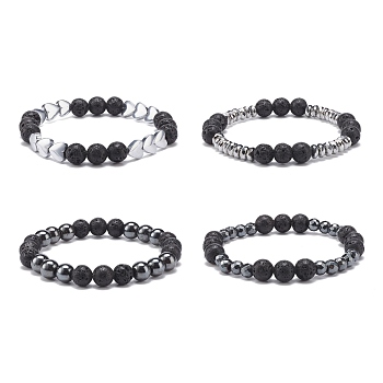 4Pcs 4 Style Natural Lava Rock & Synthetic Hematite Beaded Stretch Bracelets Set, Essential Oil Gemstone Jewelry for Women, Inner Diameter: 2~2-1/8 inch(5.2~5.4cm), 1Pc/style