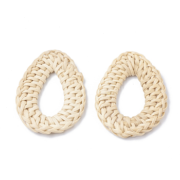 Handmade Reed Cane/Rattan Woven Linking Rings, For Making Straw Earrings and Necklaces, Bleach, Teardrop Ring, Antique White, 43~55x30~40x4~6mm, Inner Measure: 17~18x24~25mm