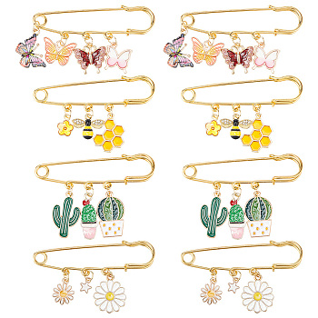 8Pcs 4 Style Stainless Steel Safety Pin Brooches, Alloy Enamel Brooches for Women, Cactus & Bee & Flower & Honeycomb & Daisy & Star, Mixed Color, 26~42mm, 2Pcs/style