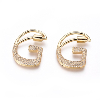 Brass Micro Pave Cubic Zirconia Screw Carabiner Lock Charms, for Necklaces Making, Long-Lasting Plated, Letter, Golden, Clear, Letter.G, 33x23x4mm