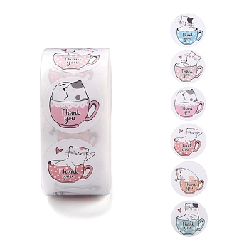 500 Adorable Round Cartoon Stickers in 6 Designs, Adhesive Label Roll Stickers, Cat Pattern, 0.98 inch(2.5cm), 500pcs/roll