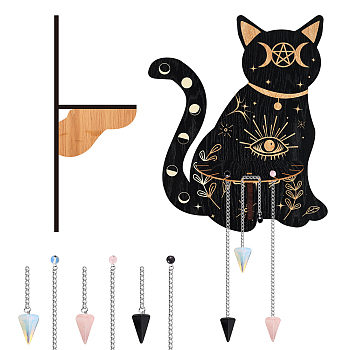 CRASPIRE DIY Pendulum Divination Making Kit, Including Cone Mixed Gemstone Dowsing Pendulum, Black Cat Hanging Wooden Crystal Display Shelf, Witch Stuff Home Decorations, Platinum, 240mm