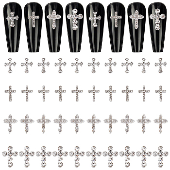 40Pcs 4 Style Alloy Rhinestone Cabochons, Nail Art Decoration Accessories, Cross, Silver, 8~12.5x6.5~9.5x2~2.5mm, 10pcs/style