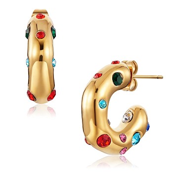 Cubic Zirconia C-shape Stud Earrings, Gold Plated 430 Stainless Steel Half Hoop Earrings for Women, Colorful, 19x19x6mm
