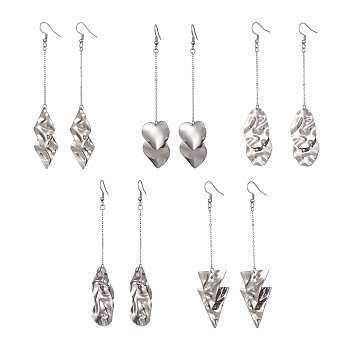 201 Stainless Steel Geometry Long Dangle Earrings with 304 Stainless Steel Pins, Mixed Shapes, 105~108x18~22mm