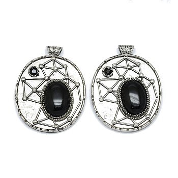 Natural Obsidian Oval Pendants, Rack Plating Antique Silver Plated Brass Pave Rhinestone Oval Charms, Cadmium Free & Lead Free, 45x35x8mm, Hole: 3.5mm