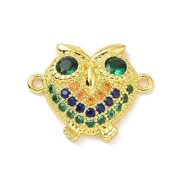 Real 18K Gold Plated Brass Pave Cubic Zirconia Connector Charms, Owl Links, Colorful, 13x16x3.5mm, Hole: 1.1mm